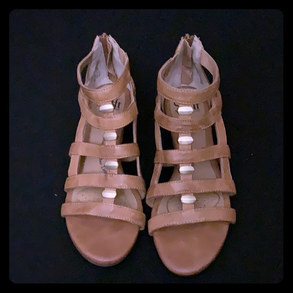 Tan leather short gladiator style sandals